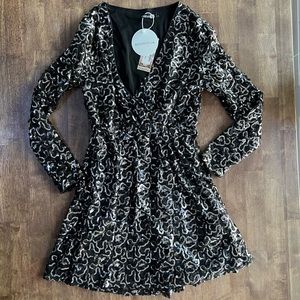 BOUTIQUE SEQUIN WRAP SKATER DRESS, NWT